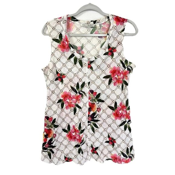 SNO SKINS Tops - Sno Skins Sleeveless Crinkle Top Womens Medium White Pink Floral Scoop USA Made